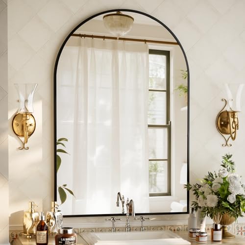 XRAMFY 32"x48" Arched Bathroom Mirror with Aluminum Frame Arched Wall Mounted Vanity Mirror for Entryway