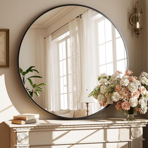 XRAMFY 42 Inch Round Black Metal Wall Mirror - Stylish Circle Mirror for Entryway